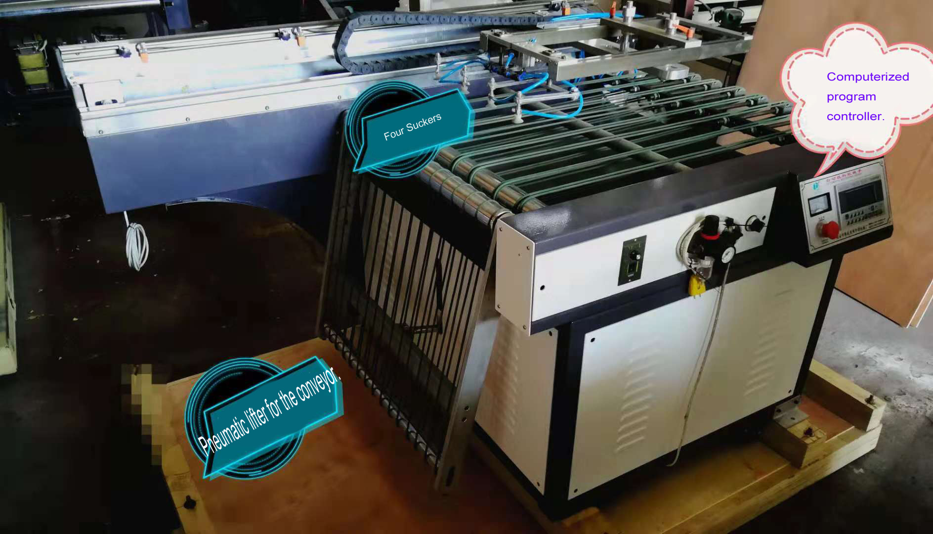 Siebdruckmaschine mit automatischer Take-Off-Einheit und UV-Trocknungsmaschine